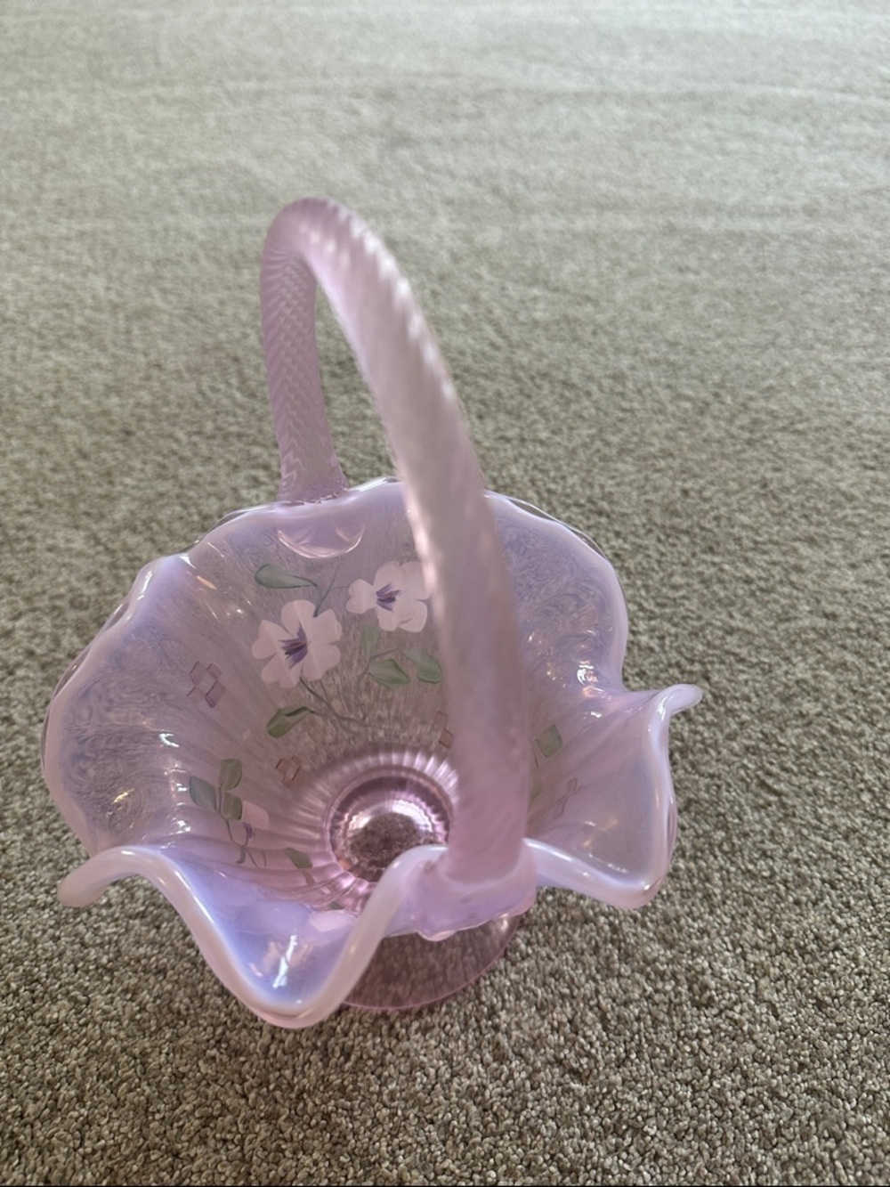 Vintage Fenton hand painted Lavender Ruffled Glass Basket with Handled Top